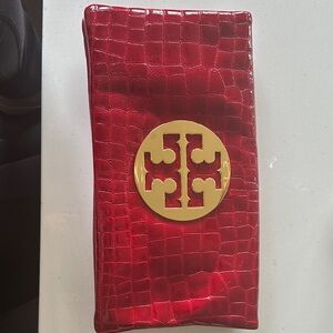 Tory Burch Red Croc-Embossed Clutch with Gold Logo